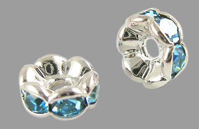 5x2,5mm-es strasszos köztes rondell ezüst színű foglalatban - aquamarine